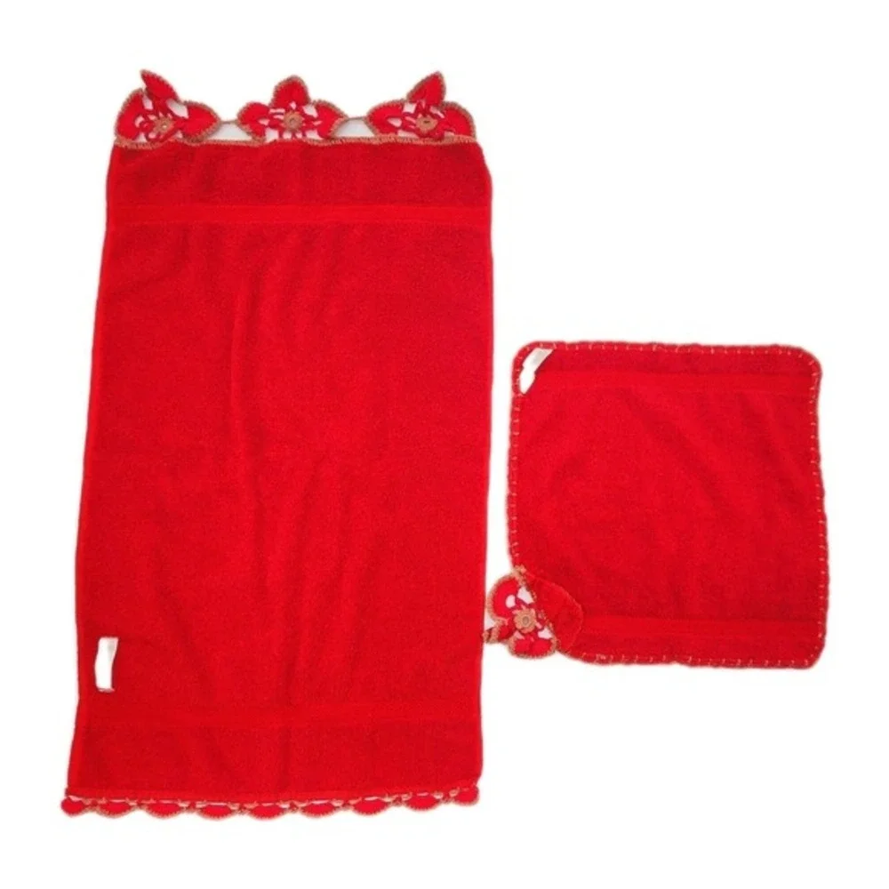 Vintage Sears Cotron Red Towel Set 3pc Floral Crochet Scalloped Edge Mid Century